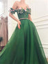 A Line Off the Shoulder Green Tulle Prom Dress with Flowers LBQ1928